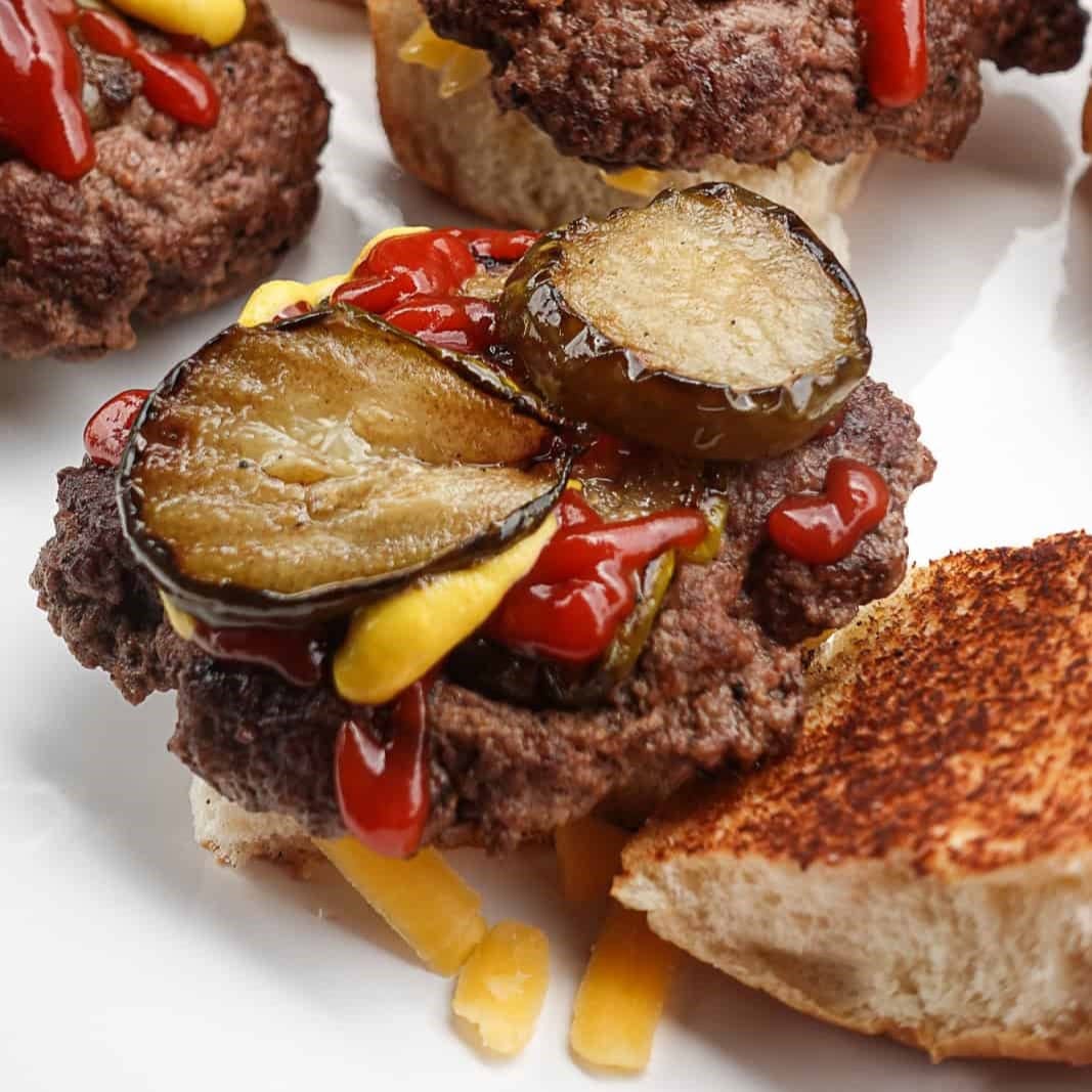 Griddled Sweet Cucumber Salad Smash Burgers