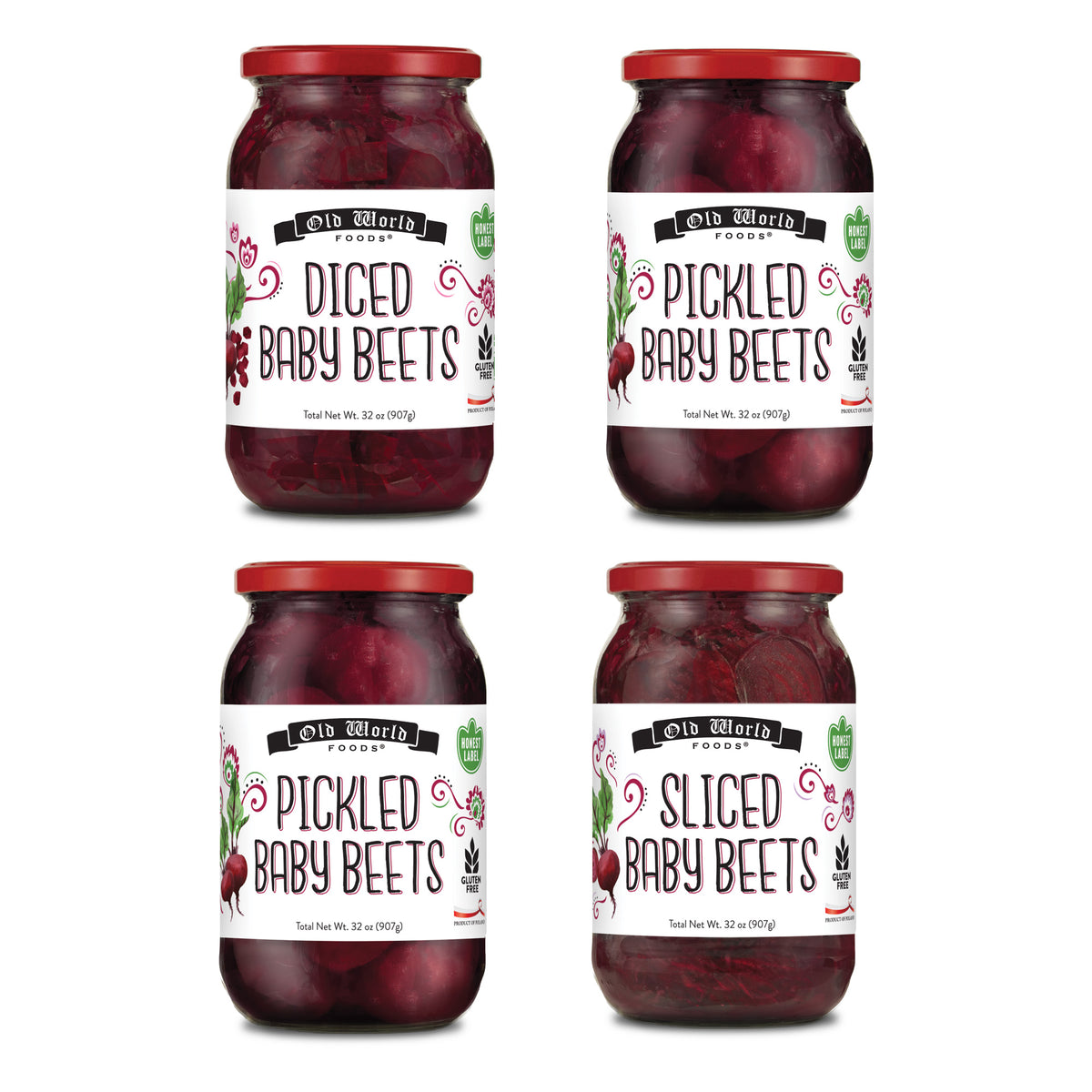Beets Lover Set - Four 32 Oz Jars of Pickled Beets - Sliced Baby Beets, Pickled Baby Beets (2), and Diced Baby Beets