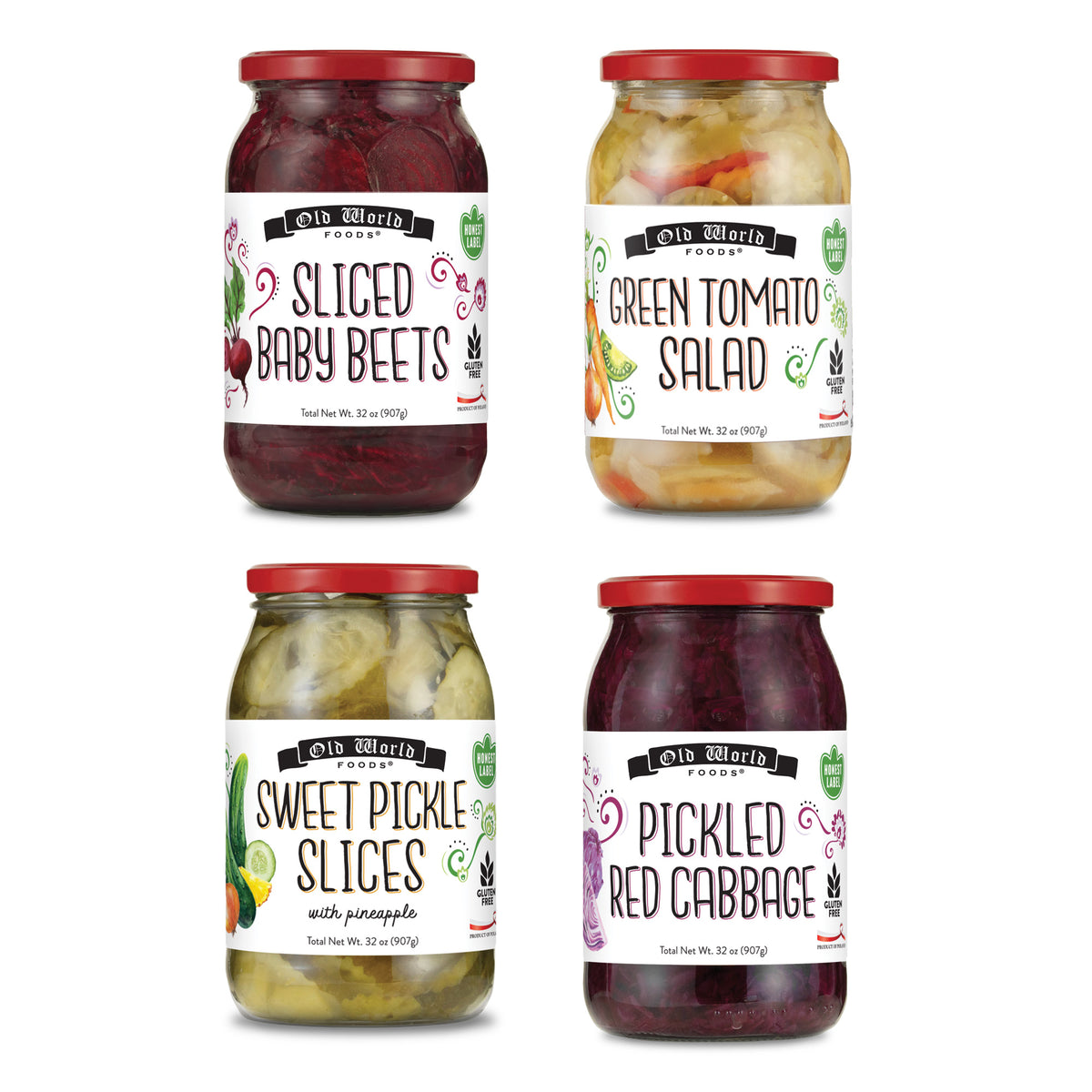 Sides and Salads Set- Four 32 Oz Jars of Assorted Pickled Vegetables - Red Cabbage, Sweet Cucumber Salad, Green Tomato Salad, and Sliced Baby Beets