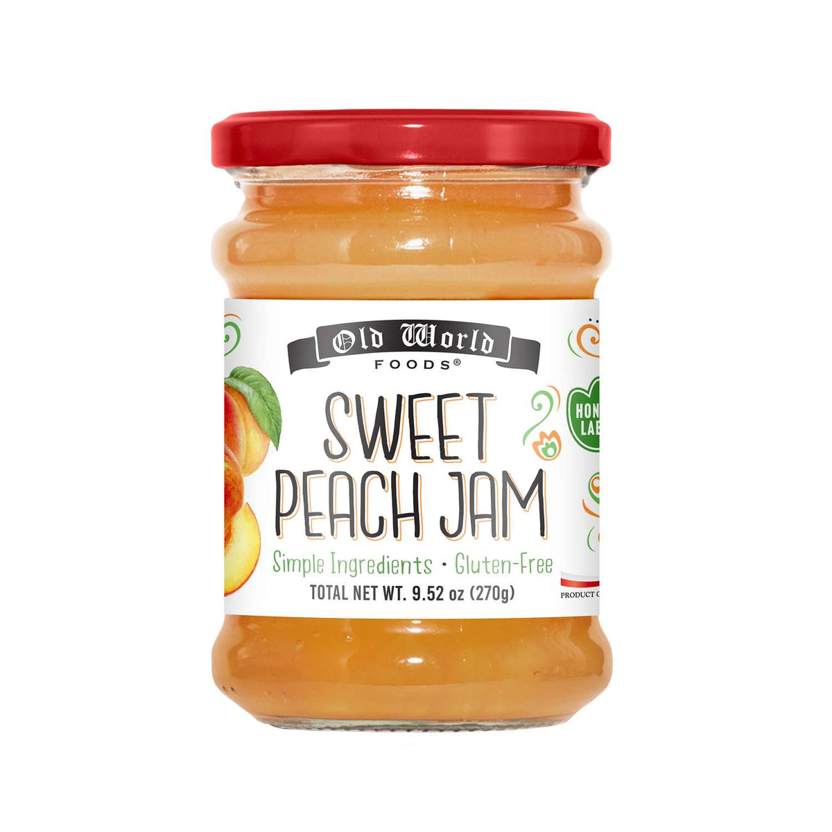 Old World Sweet Peach Fruit Jam 9.52 oz Jar, Case of 6