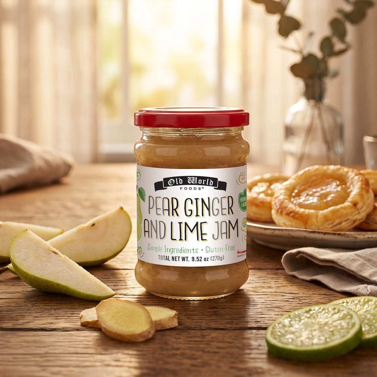 Old World Pear Ginger and Lime Fruit Jam, 9.52 oz Jar, Case of 6
