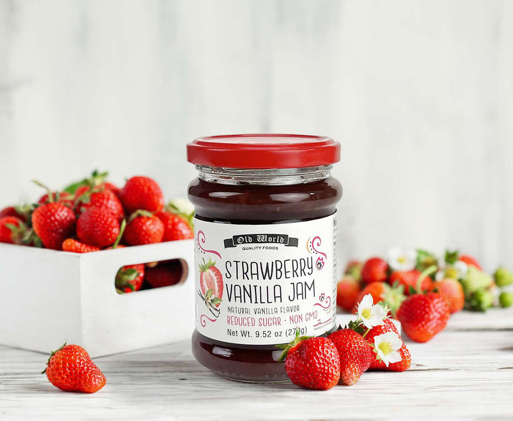 Premium European Fruit Jam Sampler with Sweet Peach, Forest Fruit, Strawberry Vanilla, Pear Ginger and Lime, 9.52 oz Jars