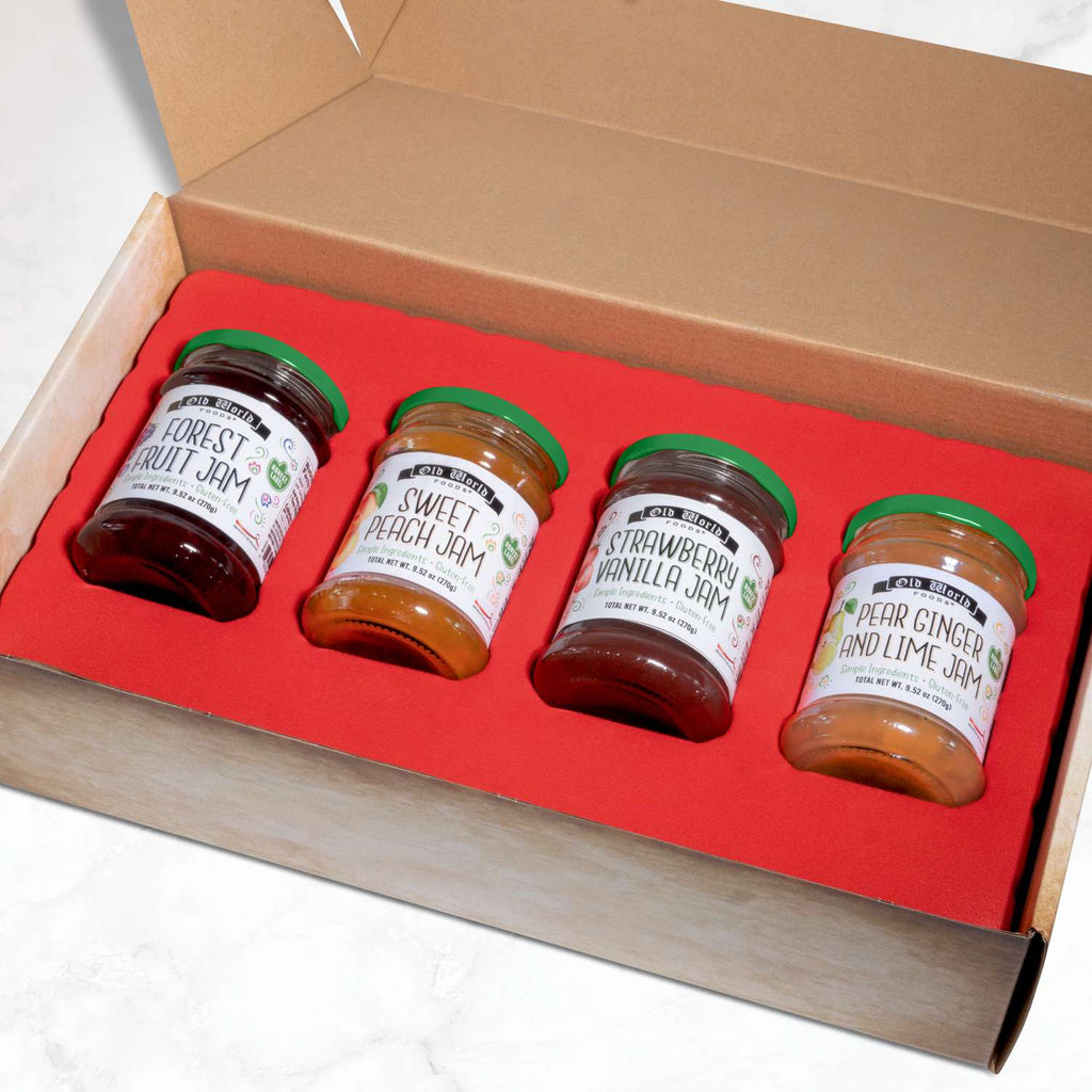Premium European Fruit Jam Sampler with Sweet Peach, Forest Fruit, Strawberry Vanilla, Pear Ginger and Lime, 9.52 oz Jars