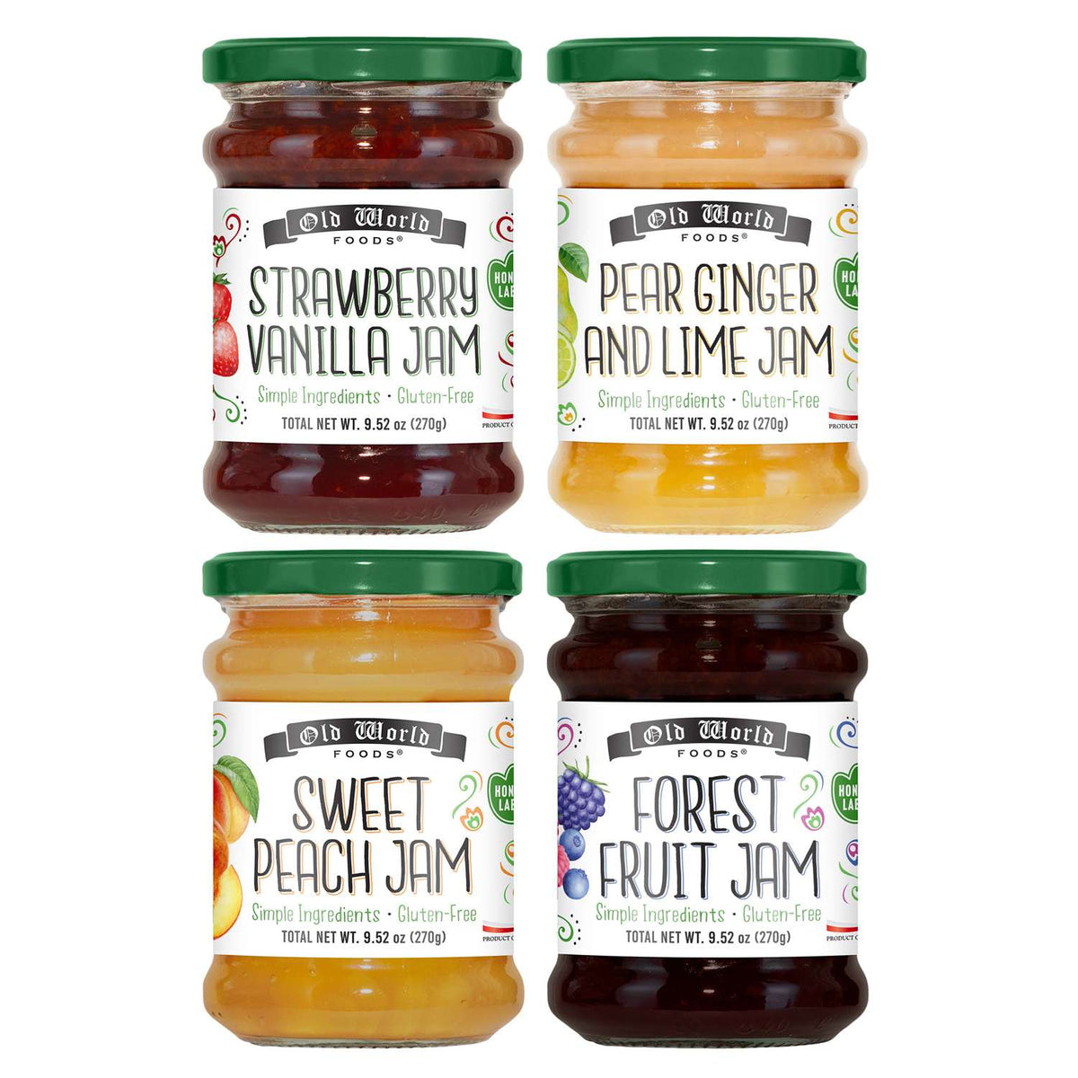 Premium European Fruit Jam Sampler with Sweet Peach, Forest Fruit, Strawberry Vanilla, Pear Ginger and Lime, 9.52 oz Jars