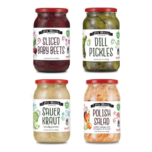 Healthy Veggie Lovers Set - Four 32 Oz Jars of Assorted Pickled Vegetables - Marinated Peppers, Sweet Cucumber Salad, Red Cabbage, and German Salad