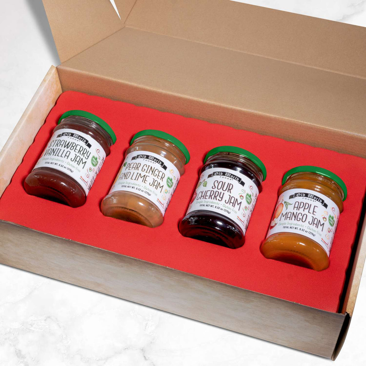 Premium European Fruit Jam Sampler with Strawberry Vanilla, Pear Ginger and Lime, Sour Cherry, Apple Mango, 9.52 oz Jars