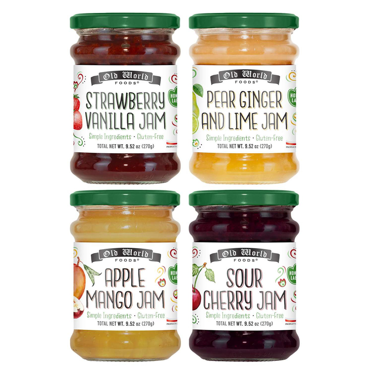 Premium European Fruit Jam Sampler with Strawberry Vanilla, Pear Ginger and Lime, Sour Cherry, Apple Mango, 9.52 oz Jars