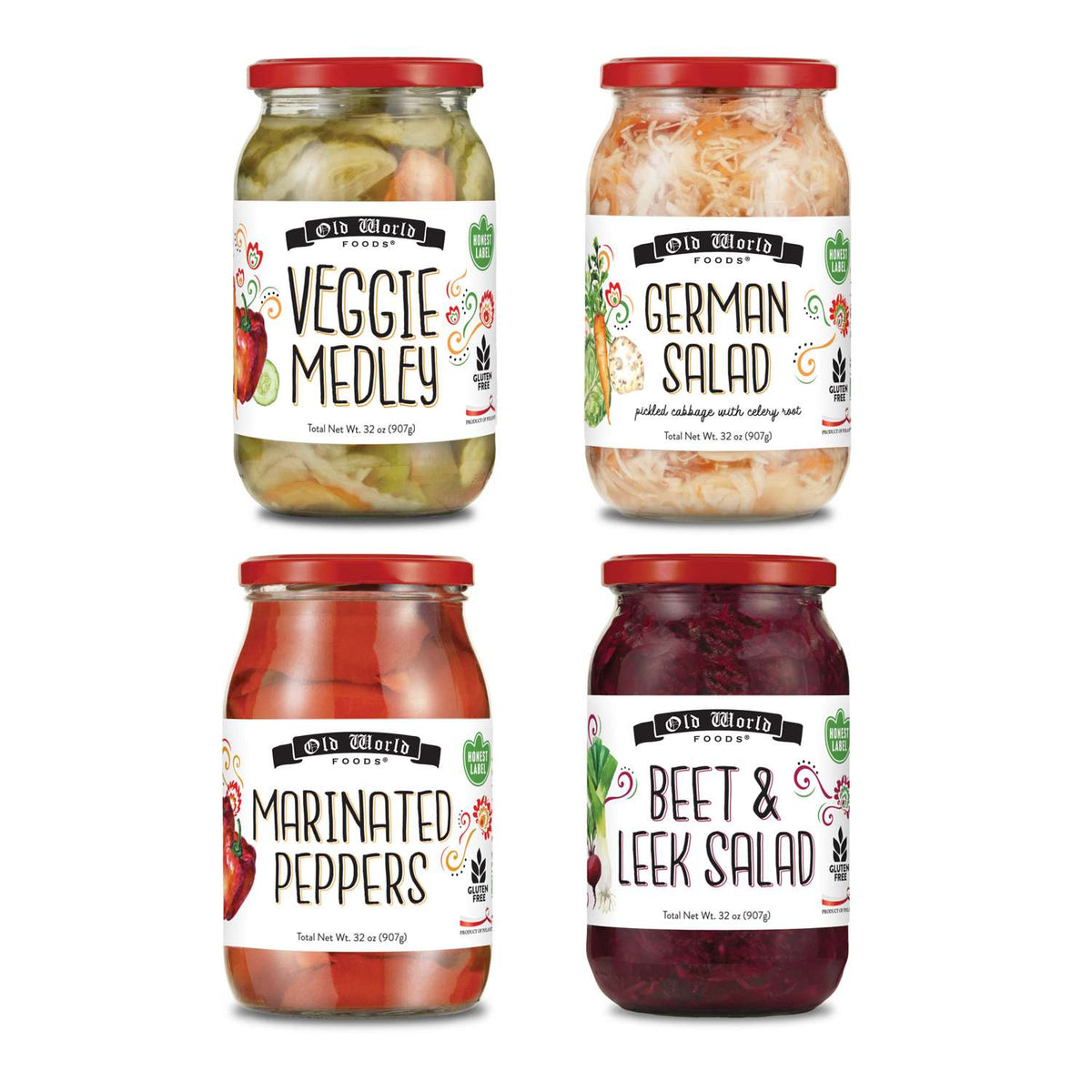 European Salad Set - Four 32 Oz Jars of Assorted Pickled Vegetables - German Salad, Veggie Medley Salad, Beet & Leek Salad, and Marinated Peppers