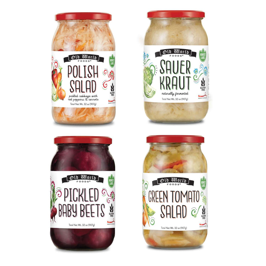 Salad Lover Set - Four 32 Oz Jars of Assorted Pickled Vegetables - Polish Salad, Pickled Baby Beets, Polish Barrel Sauerkraut, and Green Tomato Salad